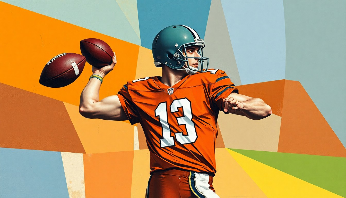 A cubist, geometric painting depicting a quarterback dropping back to pass, with the player's body and the football broken down into sharp, overlapping planes of color.