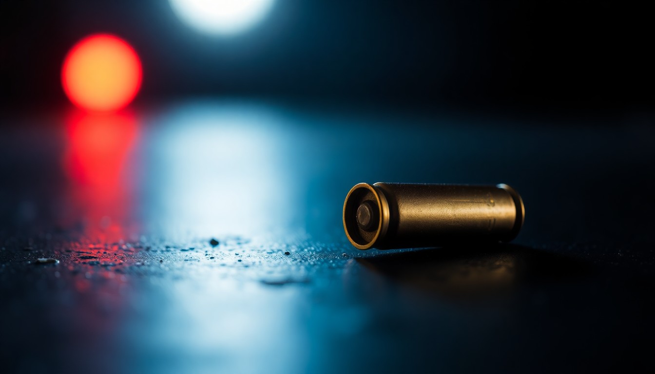 An extreme close-up photograph of a single spent shell casing on a dark surface, lit by a harsh, direct camera flash, conceptually representing the physical evidence at the center of a high-profile criminal investigation.