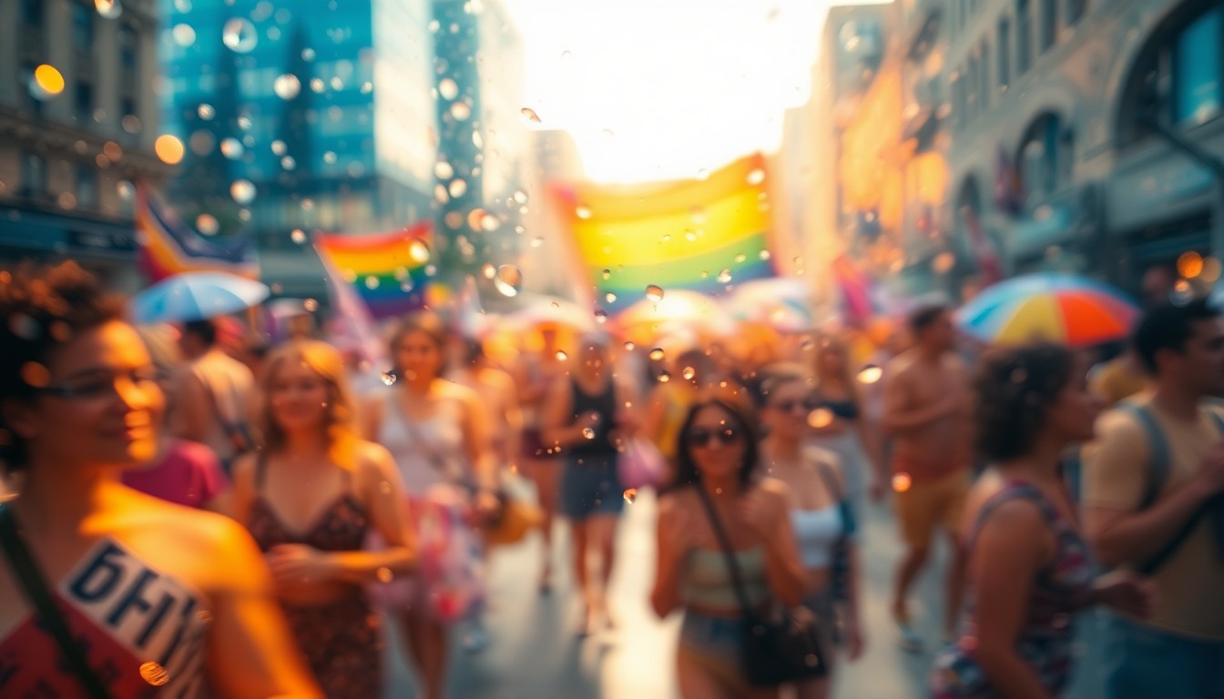 An abstract, impressionistic scene of blurred, colorful shapes and textures, evoking the celebratory atmosphere of an LGBTQ pride event in an urban setting.