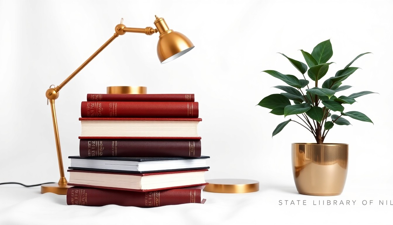 A photorealistic studio still life featuring a stack of hardcover books, a brass desk lamp, and a potted plant arranged on a clean white background, conceptually representing the relocation of the State Library of Ohio's collection and offices.