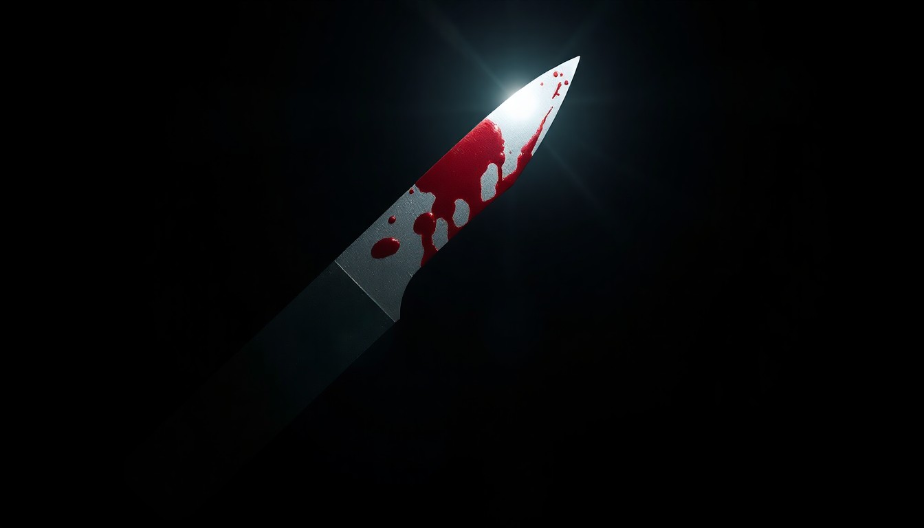 An extreme close-up of a single bloody knife blade reflecting a harsh, direct camera flash, conceptually illustrating the violent nature of the crime without depicting actual violence or victims.