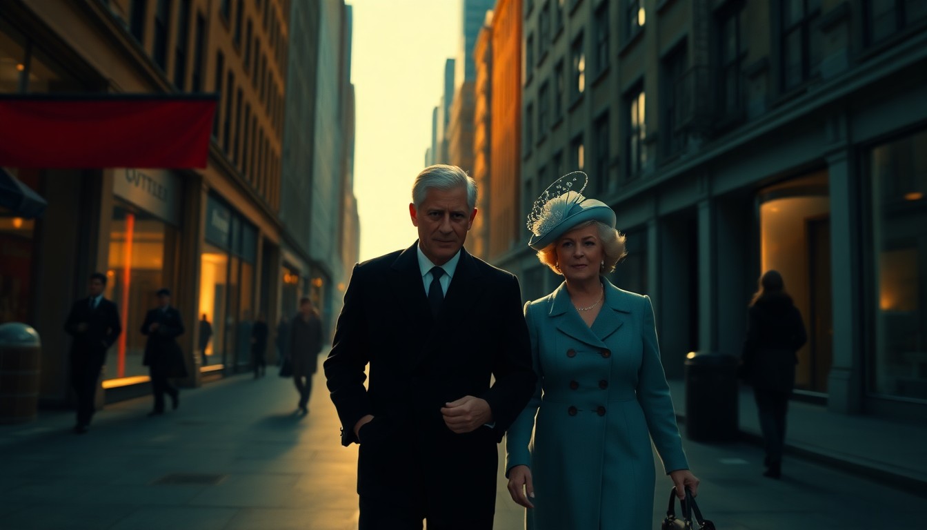 A serene, cinematic painting depicting King Charles III and Queen Camilla strolling down a New York City street, the scene bathed in warm, golden light and deep shadows, capturing the quiet dignity and nostalgia of their historic visit.