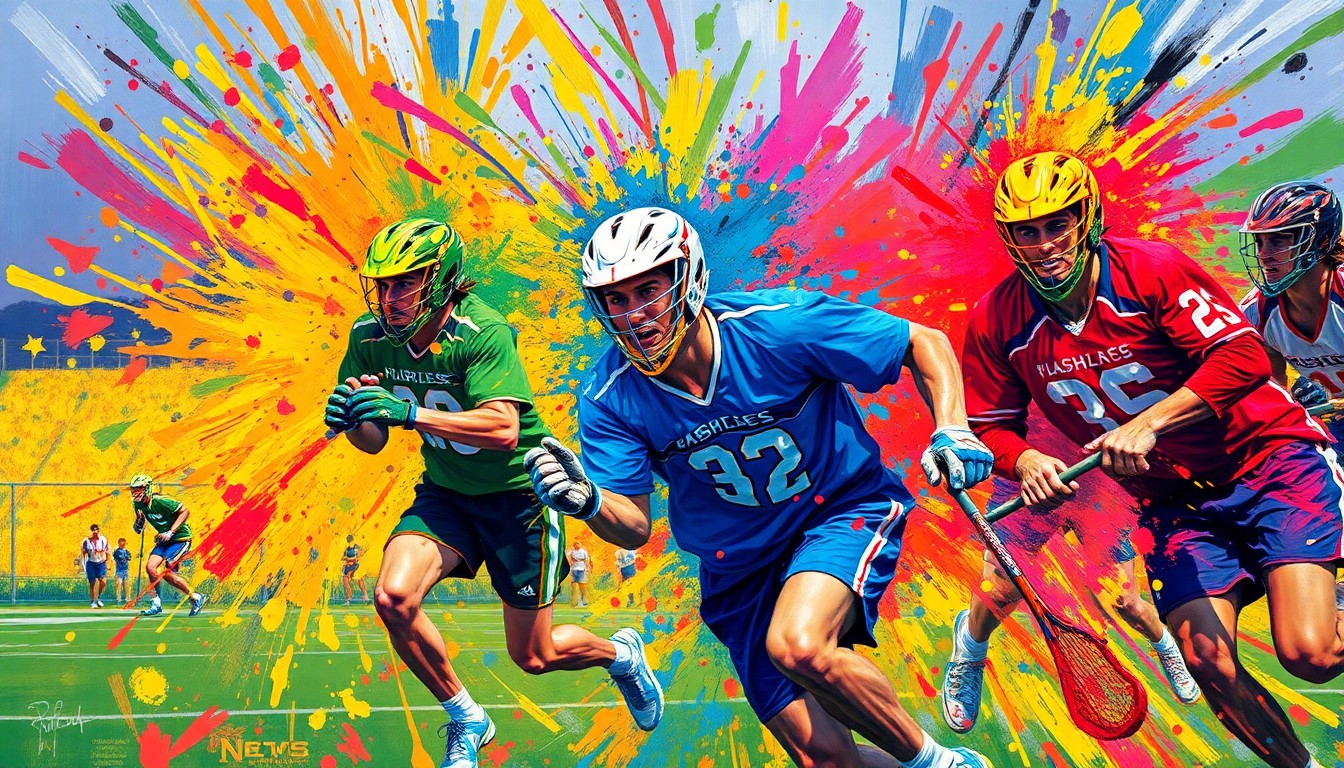 An abstract expressionist painting in vibrant neon colors, with rapid brushstrokes capturing the dynamic movement and energy of a high school lacrosse game.