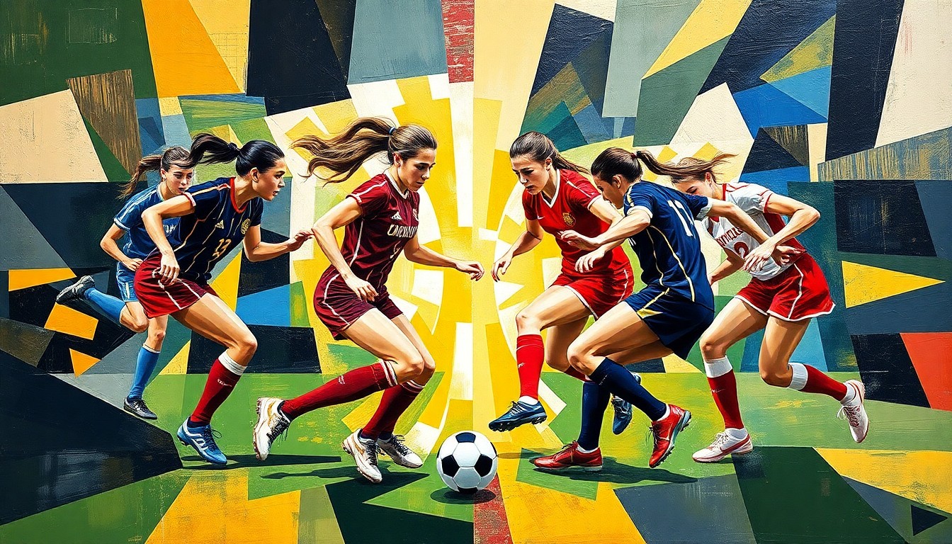 An abstract, geometric painting featuring overlapping shapes and planes in navy blue, gold, red, and white, representing the movements and energy of a girls soccer match between two high school teams.