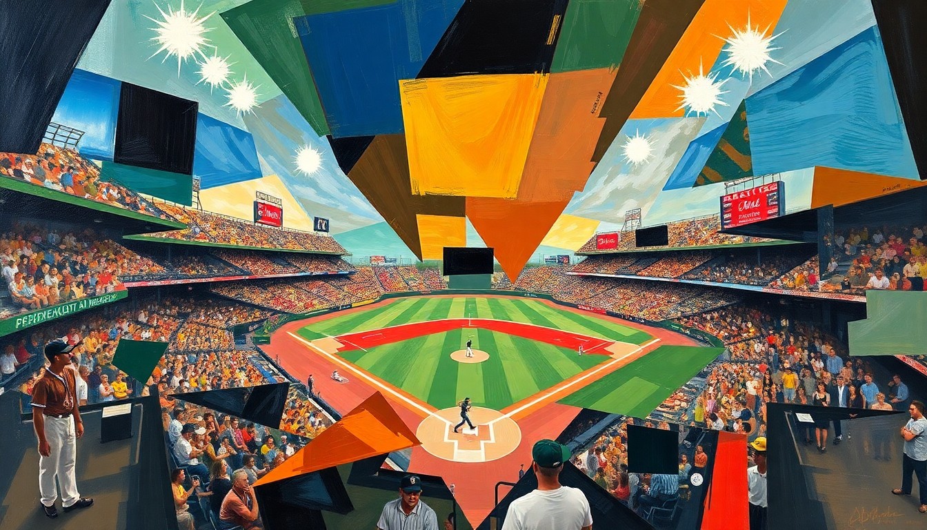 A cubist-style painting featuring overlapping geometric shapes and planes in shades of blue, green, and orange, conveying the dynamic action of a baseball game.