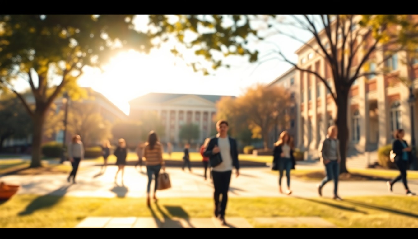 An extremely abstracted, out-of-focus photograph of a university campus quad, with students walking through pools of warm, golden light, creating a dreamlike, impressionistic composition that evokes a sense of contemplation and resilience.