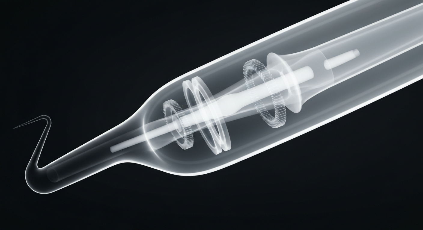 A ghostly, translucent X-ray image of a dental tool, revealing its intricate internal structure and mechanics against a dark background.