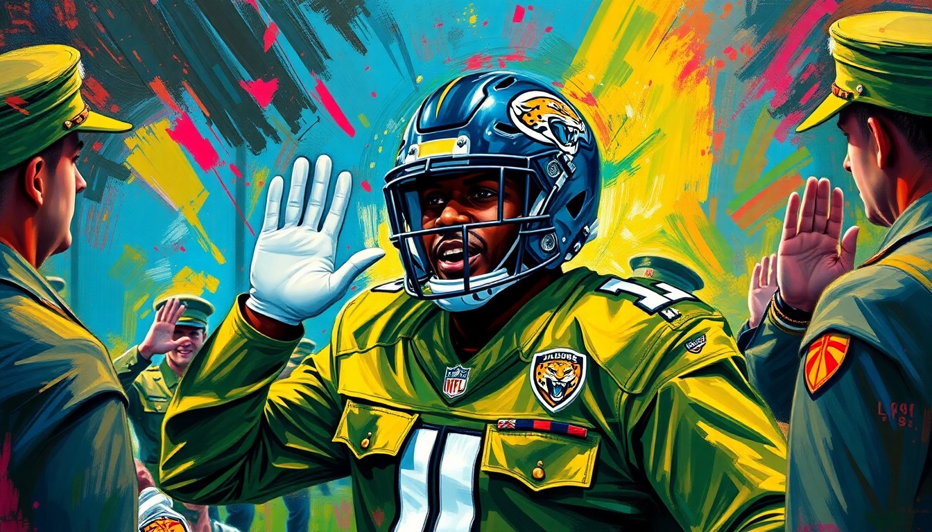An abstract, energetic painting using vibrant neon brushstrokes to depict a Jaguars player in uniform swearing in new Marine recruits, capturing the dynamic intersection of sports and service.