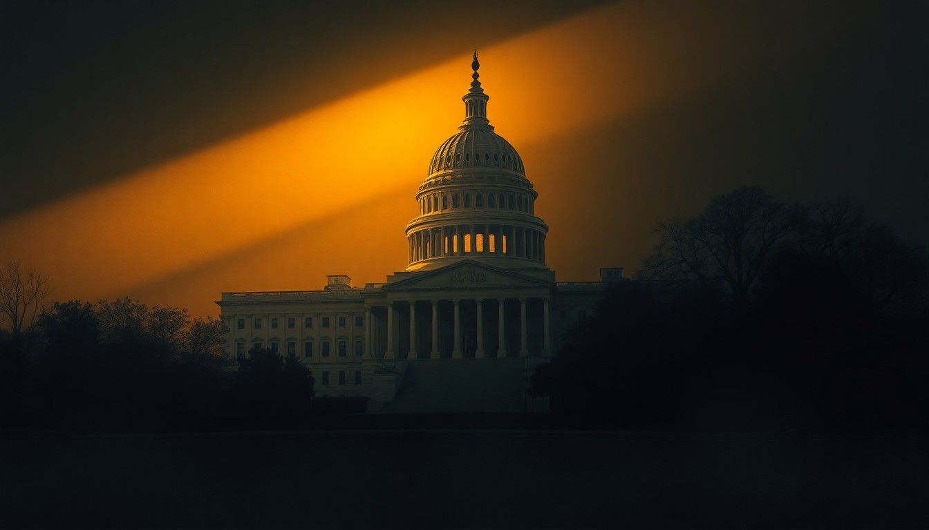 A serene, photorealistic painting of the U.S. Capitol building in warm, golden light, with deep shadows casting across the facade, conveying a sense of political tension and uncertainty.