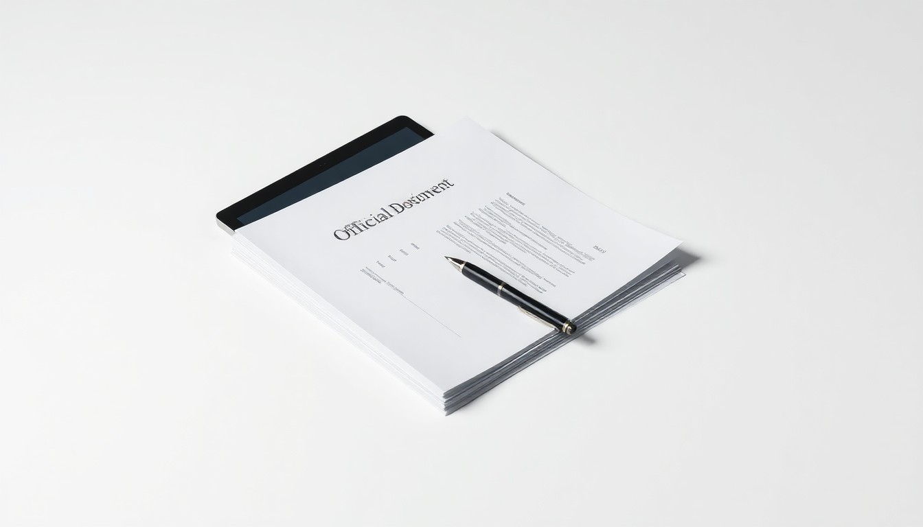 A clean, minimalist studio photograph featuring a stack of official documents, a digital tablet, and a pen neatly arranged on a plain white background, conceptually representing the modernization of the food permit application process.