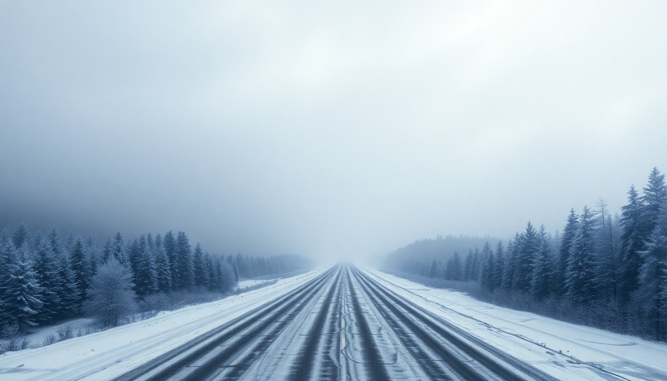 A sweeping, atmospheric landscape painting in muted tones of gray, white, and blue, with a snow-covered interstate highway barely visible in the distance, obscured by heavy fog and the overwhelming scale of the natural environment.