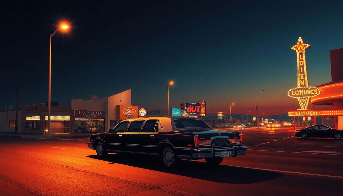A photorealistic painting of a black presidential limousine parked alone on a deserted Las Vegas Boulevard at dusk, with the city skyline visible in the background. The limousine is bathed in warm, golden light, creating a sense of solitude and nostalgia.