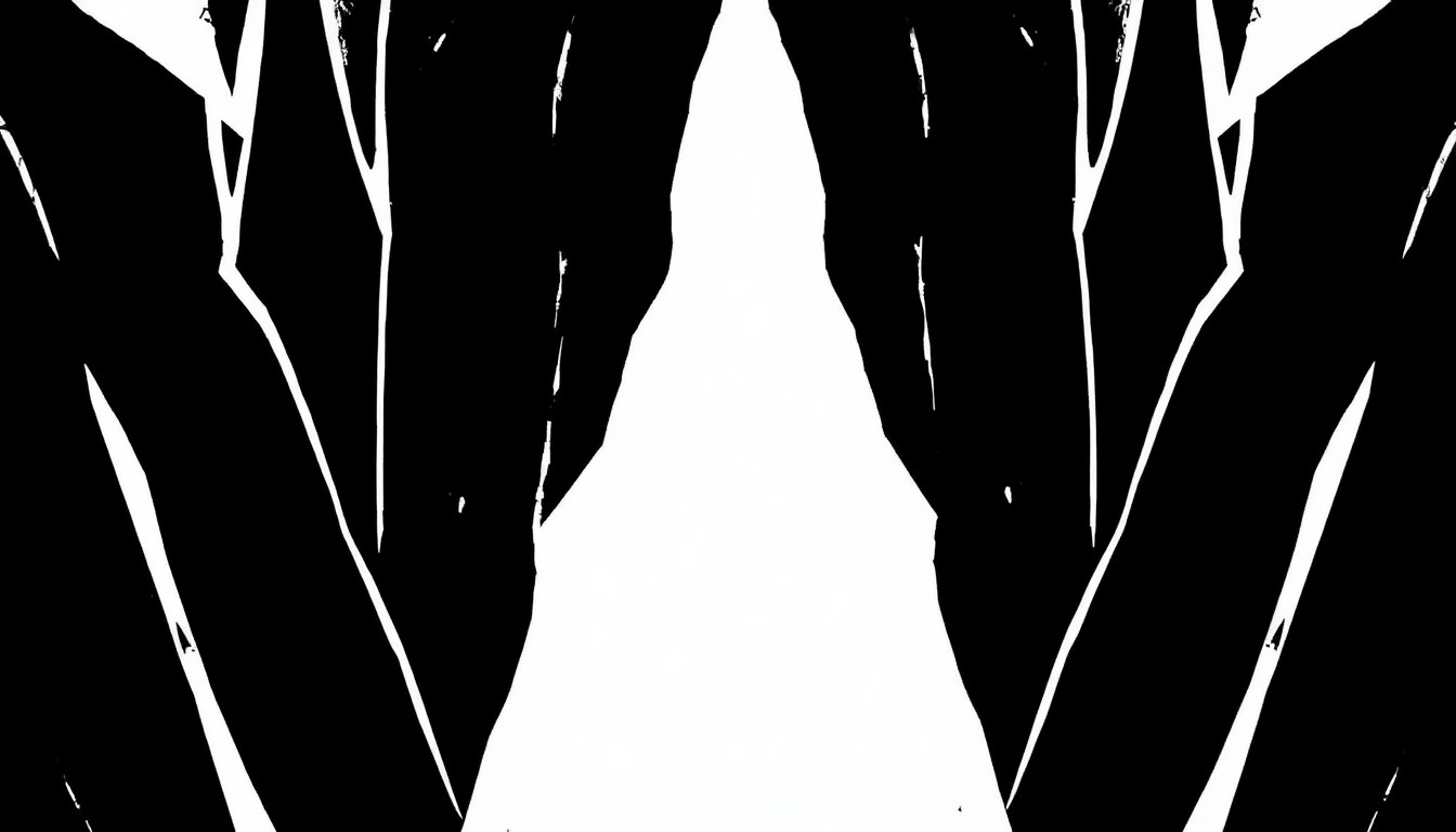 An abstract composition of bold, geometric black shapes against a stark white background, conceptually representing the structural and textural elements of Danielle Frankel's bridal fashion designs.