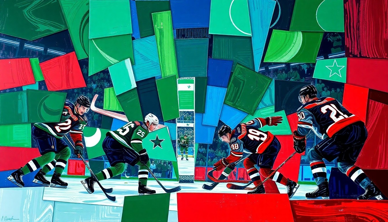 A cubist, geometric painting depicting a hockey game between the Dallas Stars and Minnesota Wild, with the players and action broken down into sharp, overlapping planes of vibrant green, blue, and red colors.