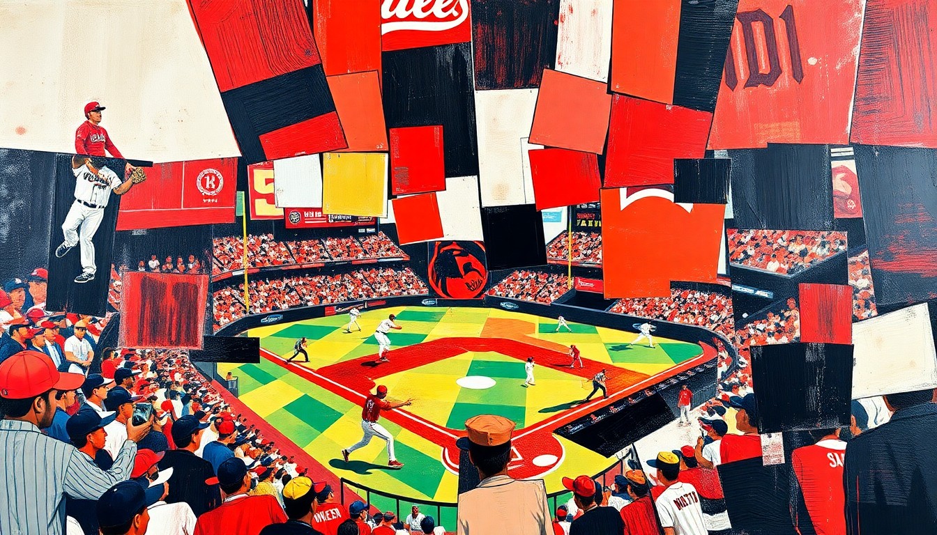 A fractured, cubist-style painting depicting a baseball player swinging a bat, with the action broken down into sharp, overlapping geometric shapes in shades of red, black, and white.