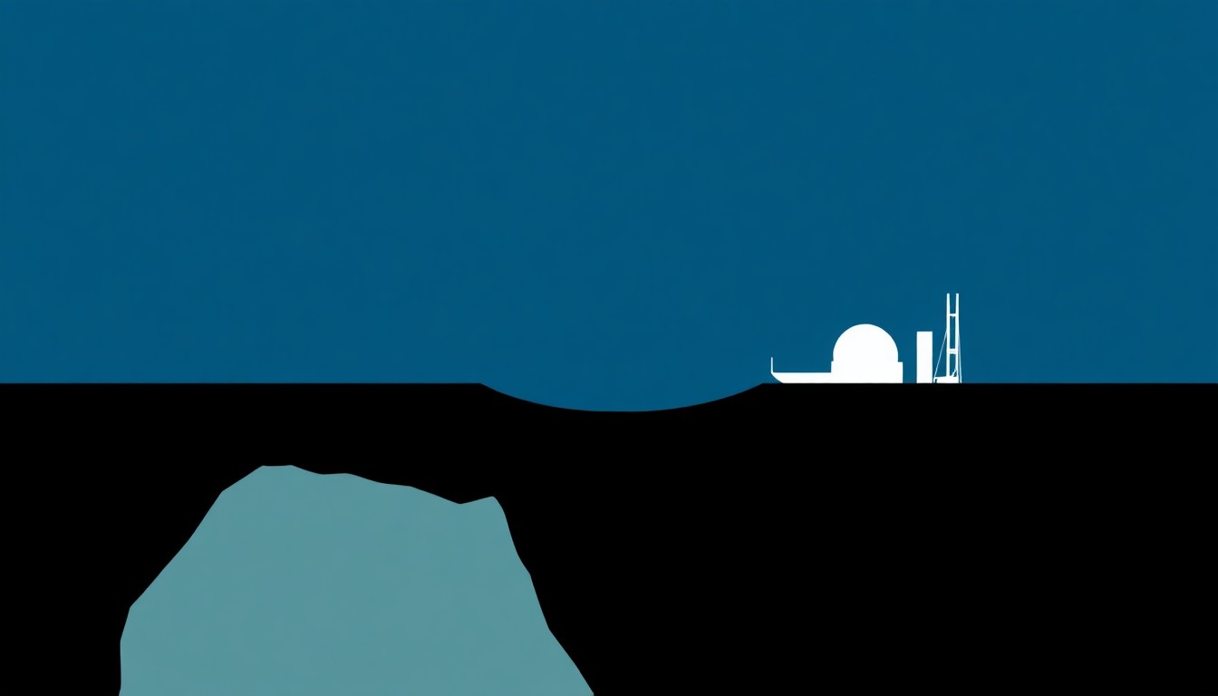 An abstract geometric composition in shades of blue, grey, and black, conveying a sense of economic instability and disruption through the use of clean lines and bold shapes.