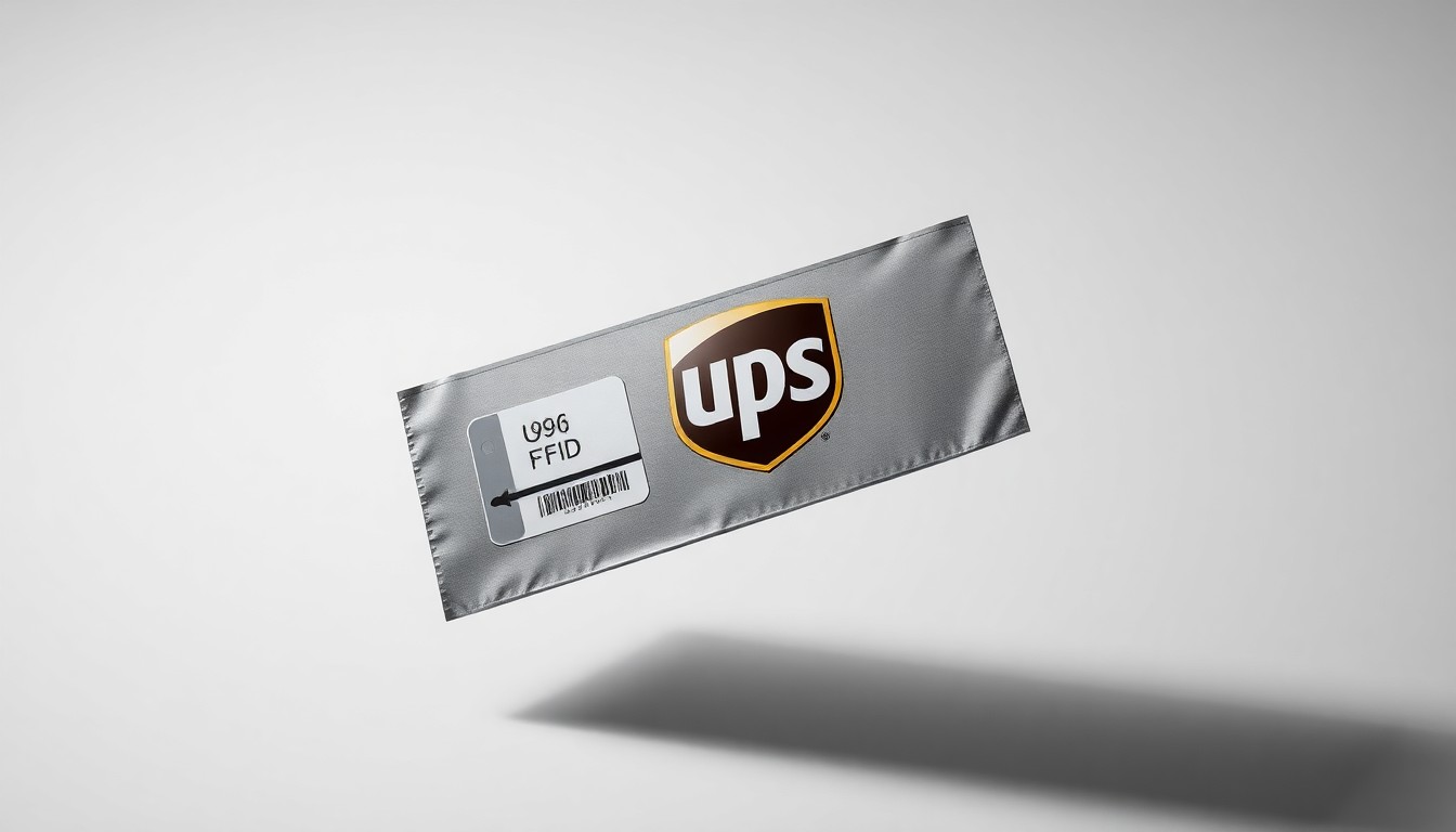 A close-up photograph of a sleek, metallic UPS package label with an RFID tag, floating against a clean, monochromatic background and dramatically lit to symbolize the advanced technology powering the company's shipping network.