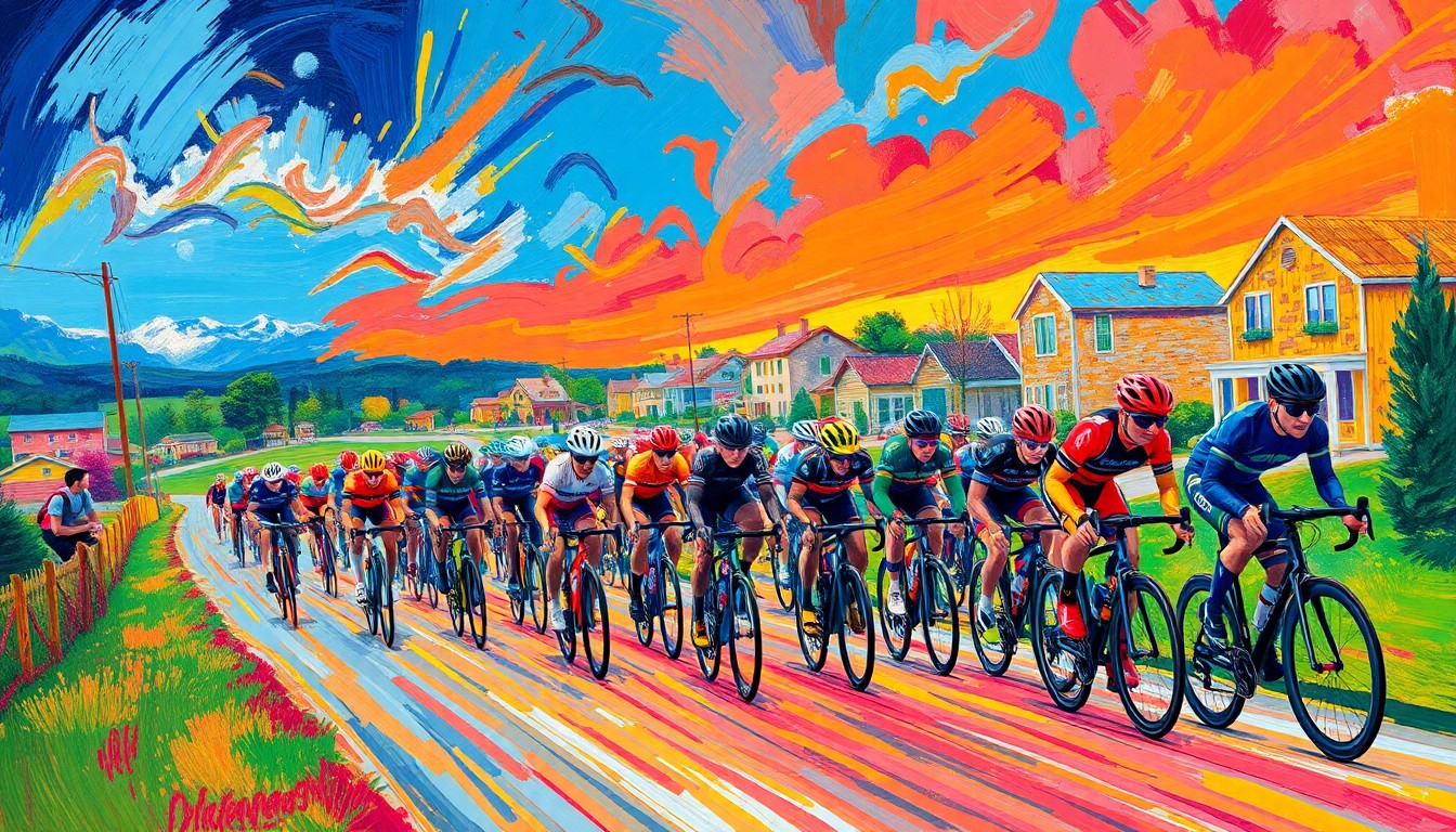 An abstract, energetic painting in neon colors depicting a large group of cyclists racing through a blurred, impressionistic landscape, conveying the excitement and movement of the RAGBRAI event.