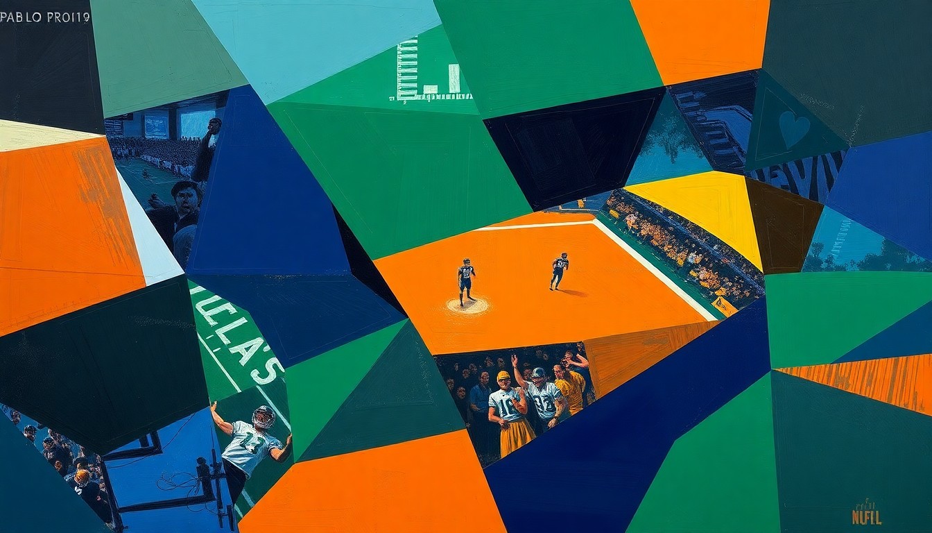 A fragmented, geometric painting depicting an abstract football scene, with sharp planes of navy, green, and orange hues overlapping to create a sense of motion and energy.