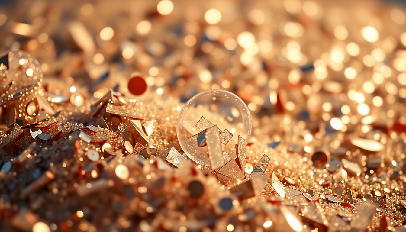 An extreme close-up photograph of shimmering sequins and shattered glass, capturing the luxurious, high-contrast textures and dramatic lighting that define the Coachella music festival experience.