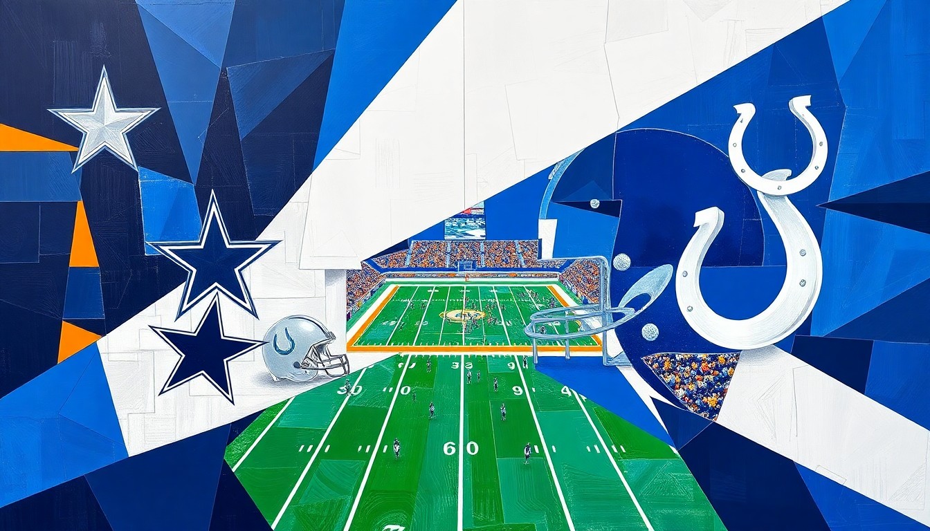 A fractured, multi-perspective painting in a cubist style, breaking down a football game into sharp, overlapping geometric planes in navy blue, silver, white, royal blue, and orange, conceptually representing trade negotiations between the Dallas Cowboys and Indianapolis Colts/Pittsburgh Steelers.