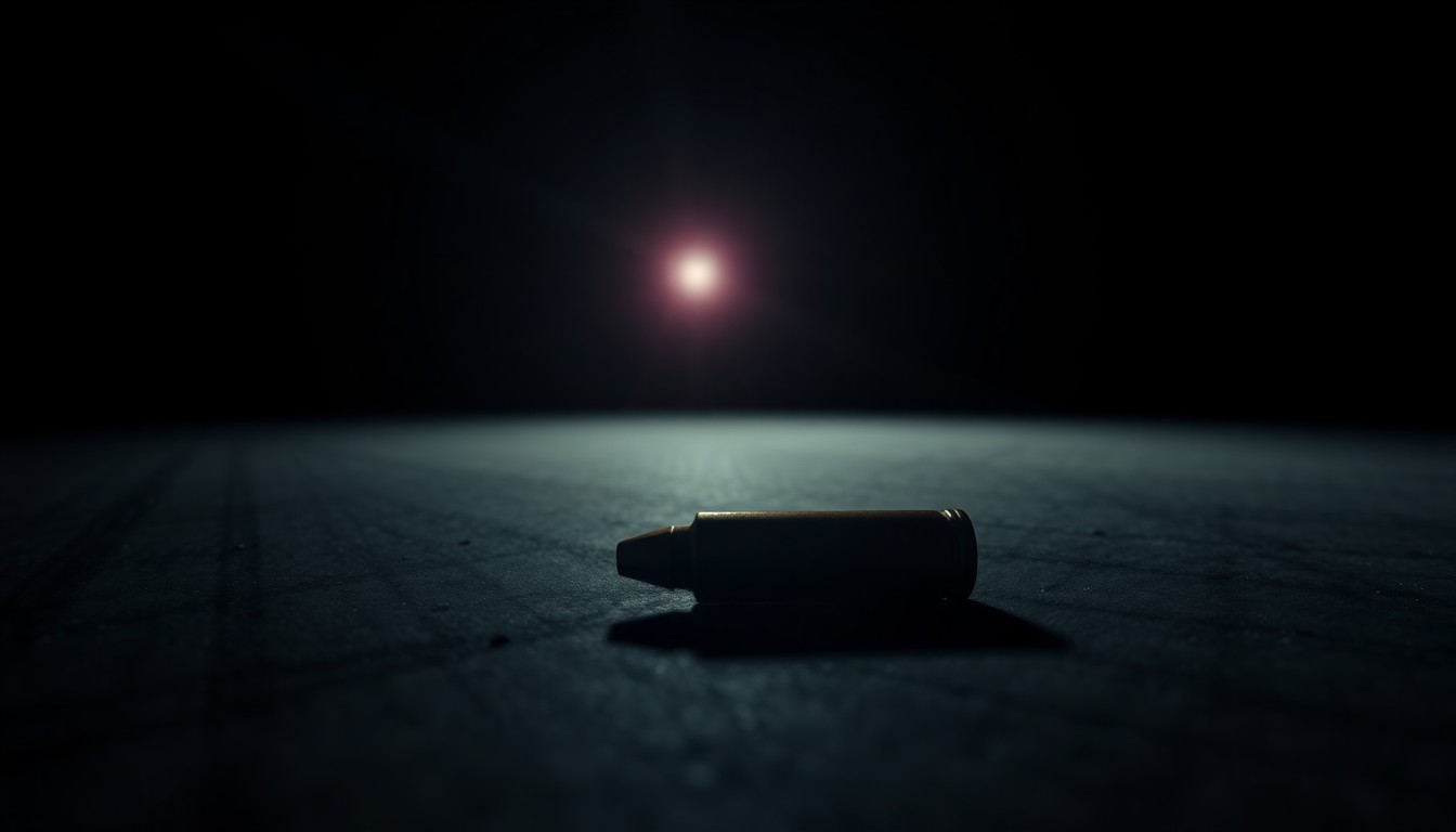 An extreme close-up of a metallic bullet casing against a dark, shadowy background, dramatically lit by a harsh camera flash to create a stark, gritty aesthetic that evokes the somber mood of a criminal investigation.