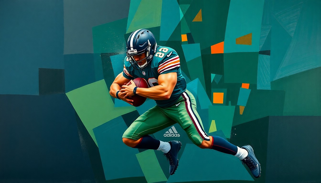 A cubist, geometric painting depicting a defensive tackle making a powerful tackle, with the player's body broken down into sharp, overlapping planes of dark blue, forest green, and burnt orange.