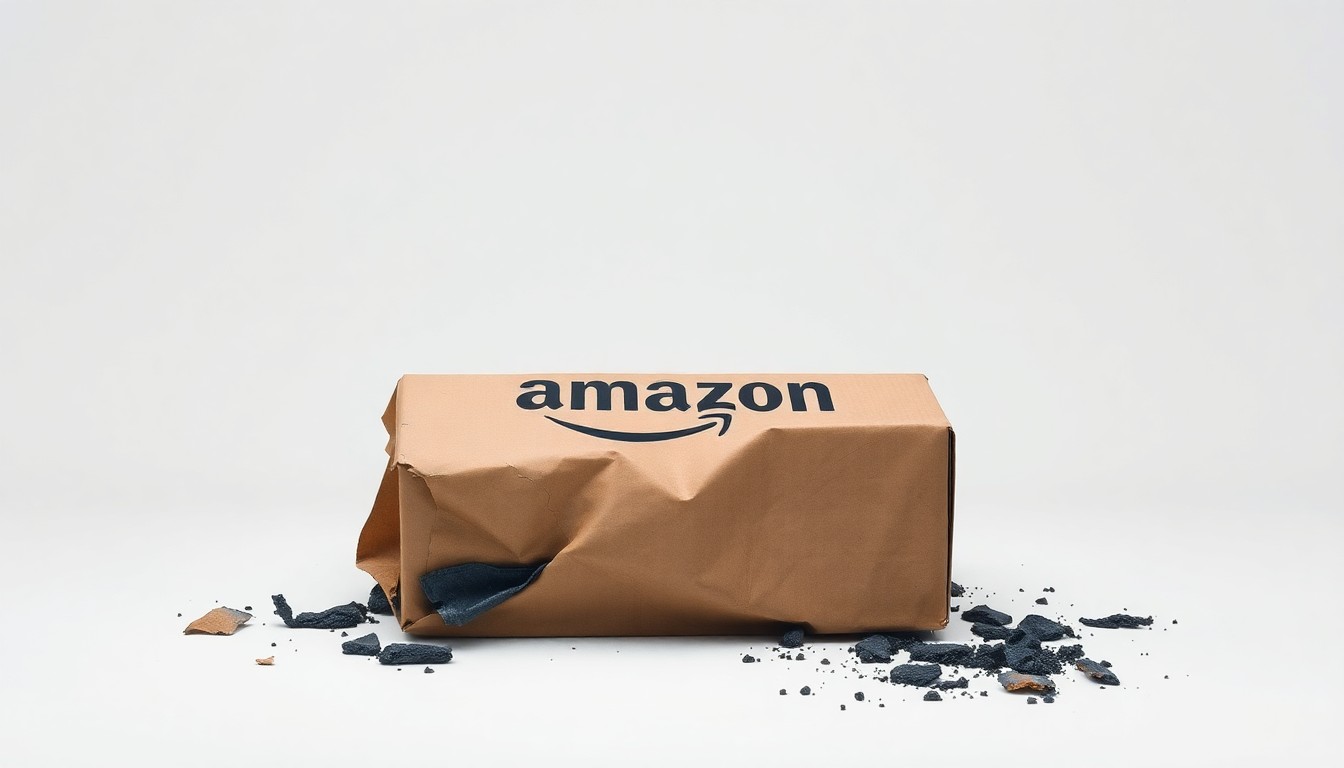 A photorealistic studio still-life image of a crumpled, charred Amazon shipping box lying on a plain white background, conveying a sense of destruction and loss.