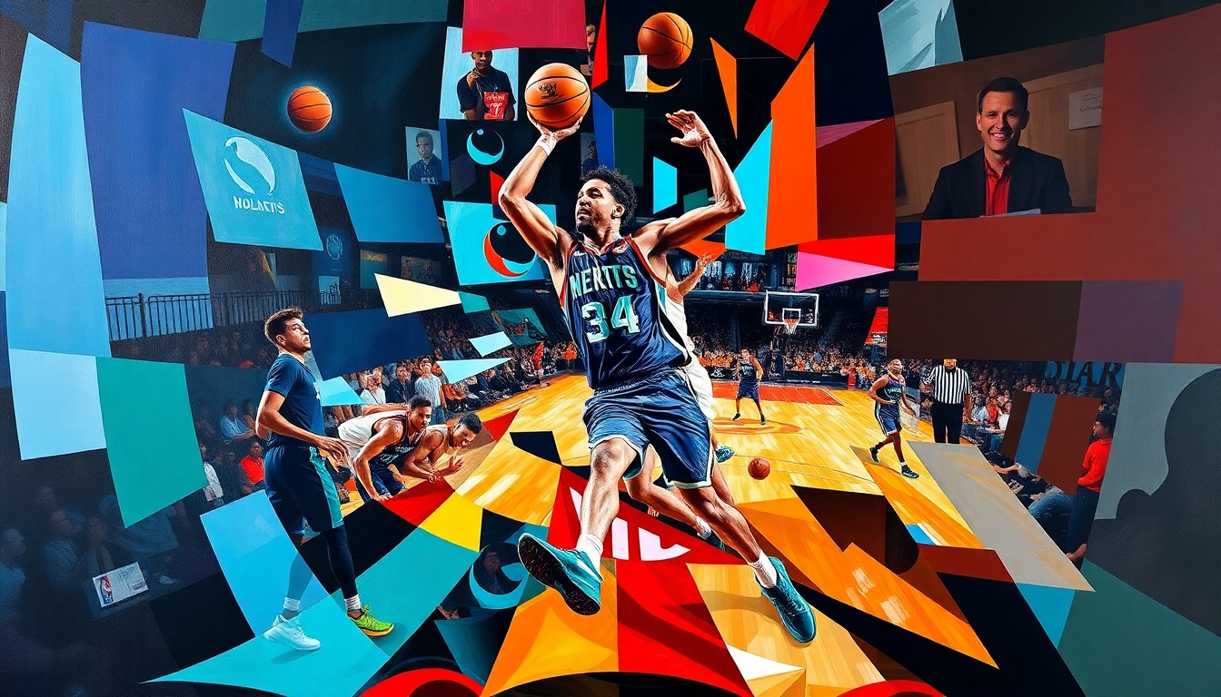 A cubist, geometric painting depicting the intense action and energy of a basketball game, with LaMelo Ball's figure deconstructed into abstract shapes and forms.