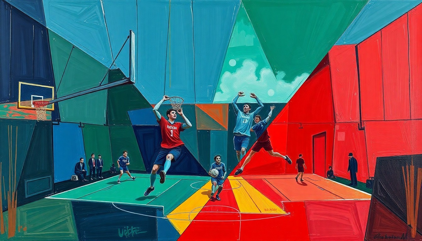 A cubist, geometric painting depicting a high school sports event, with overlapping planes of navy, green, and red conveying the dynamic energy of the game.
