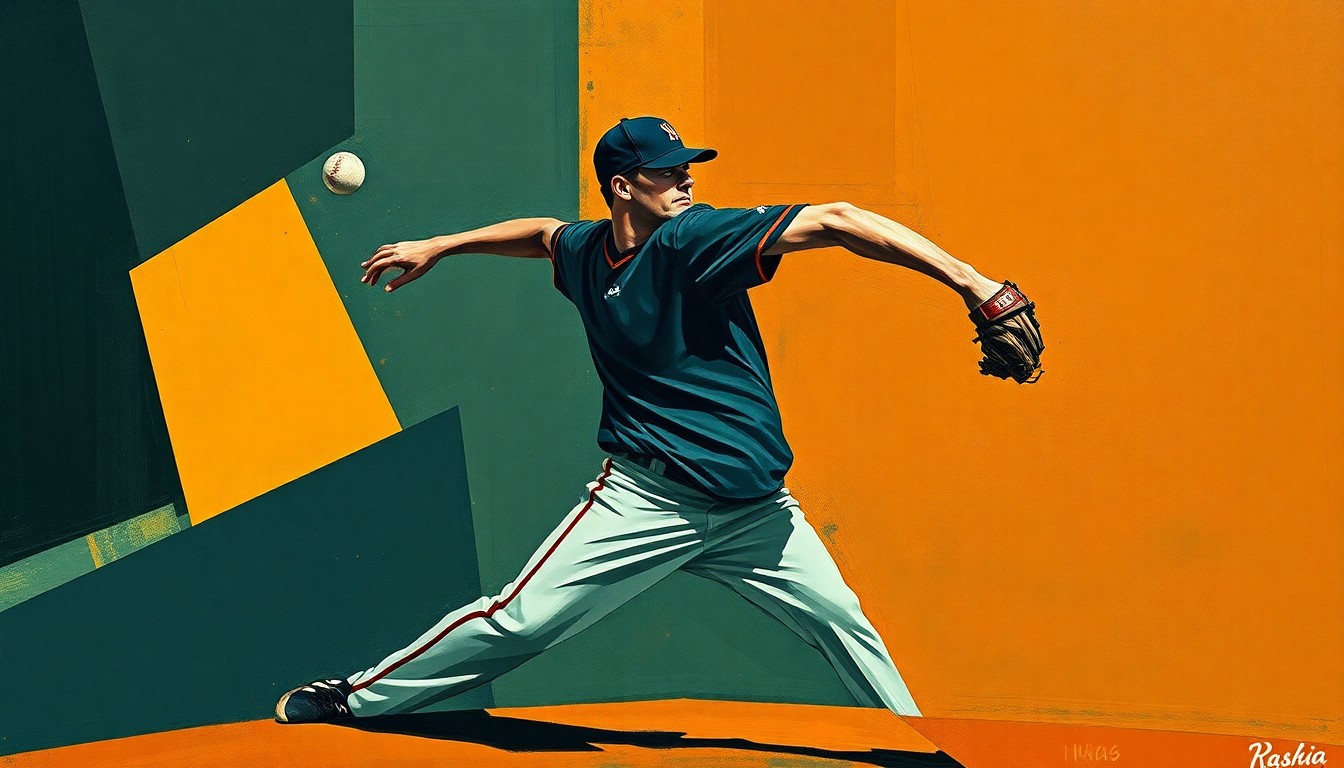 A cubist-style painting depicting a baseball pitcher's motion broken down into sharp, overlapping geometric shapes in muted navy, green, and brown tones, conveying the complex emotions and challenges facing the Brewers' struggling relief corps.