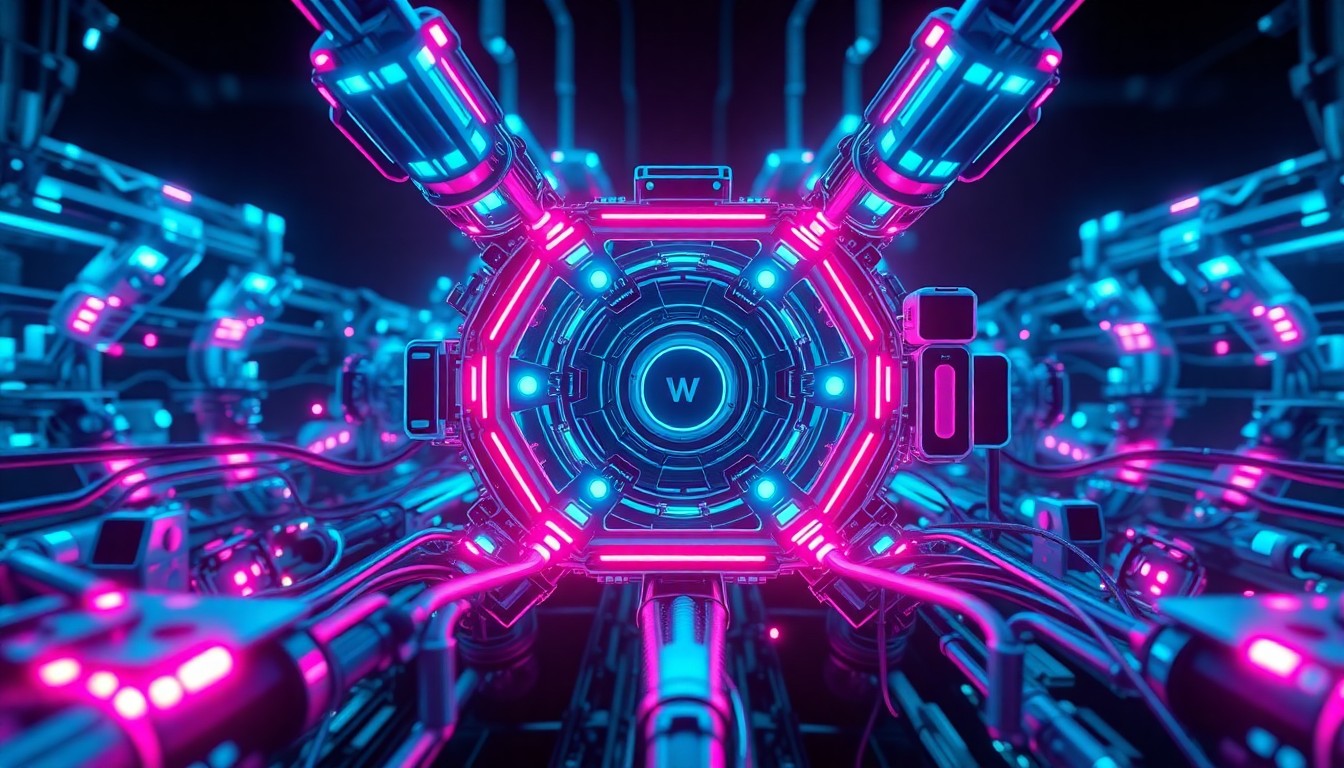 A highly detailed, glowing 3D illustration of a futuristic Waymo self-driving vehicle sensor array, with neon cyan and magenta lights illuminating the intricate cybernetic hardware. The image conveys a sense of advanced technology and data-driven infrastructure.
