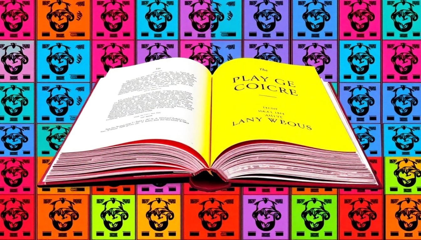 A high-contrast, silkscreen-style grid of an open book with a vintage cover design, rendered in a palette of neon pink, electric blue, and bold black outlines, conceptually representing the joyful creativity and literary legacy of an octogenarian author.