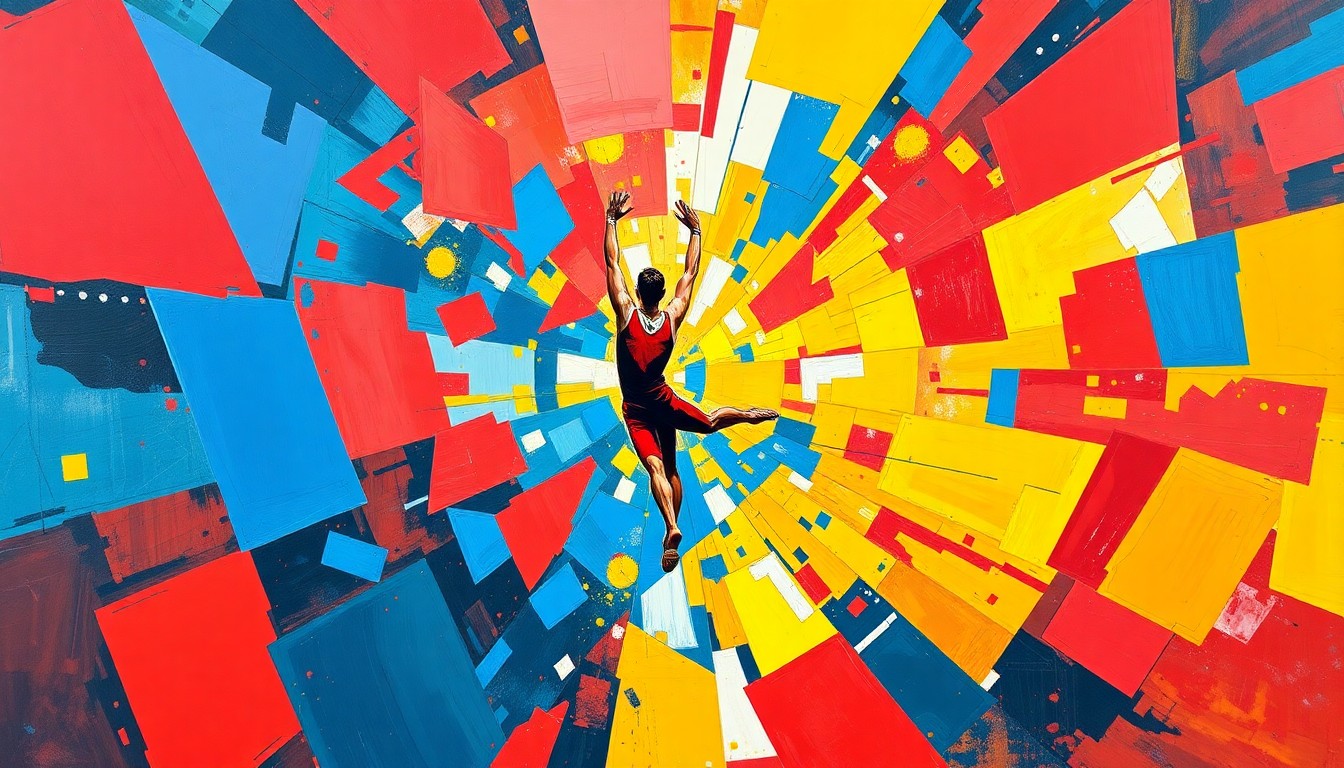 A cubist, geometric painting depicting the dynamic movements and energy of a gymnastics competition, with overlapping planes of vibrant red, blue, and yellow shapes.
