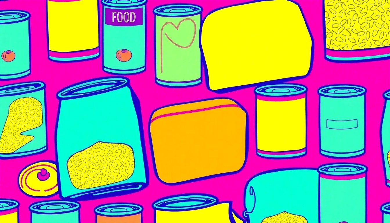 A vibrant, high-contrast silkscreen print featuring multiple cans of food in a repeating grid pattern, conceptually representing the essential donations that sustain the Eunice Food Bank's mission.