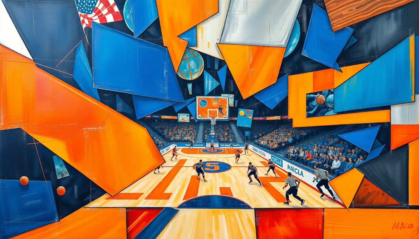 A fragmented, geometric painting depicting the dynamic movements and competition of a basketball or hockey game, using bold colors and angular shapes to capture the excitement of the playoffs.