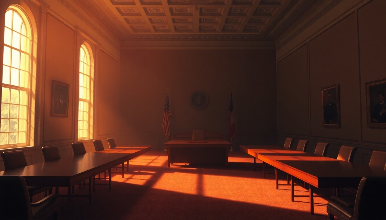 A dimly lit, cinematic painting of an empty government office or conference room, with warm sunlight streaming through the windows and deep shadows cast across the room, conveying a sense of political tension and unresolved conflict.