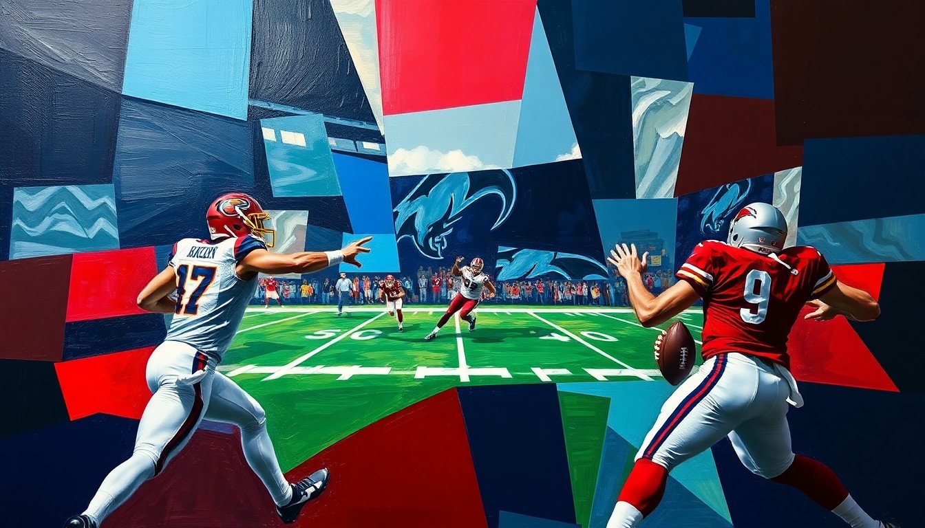 A cubist-style painting depicting a fragmented, geometric interpretation of a football quarterback in motion, with sharp planes of navy, red, and silver colors.
