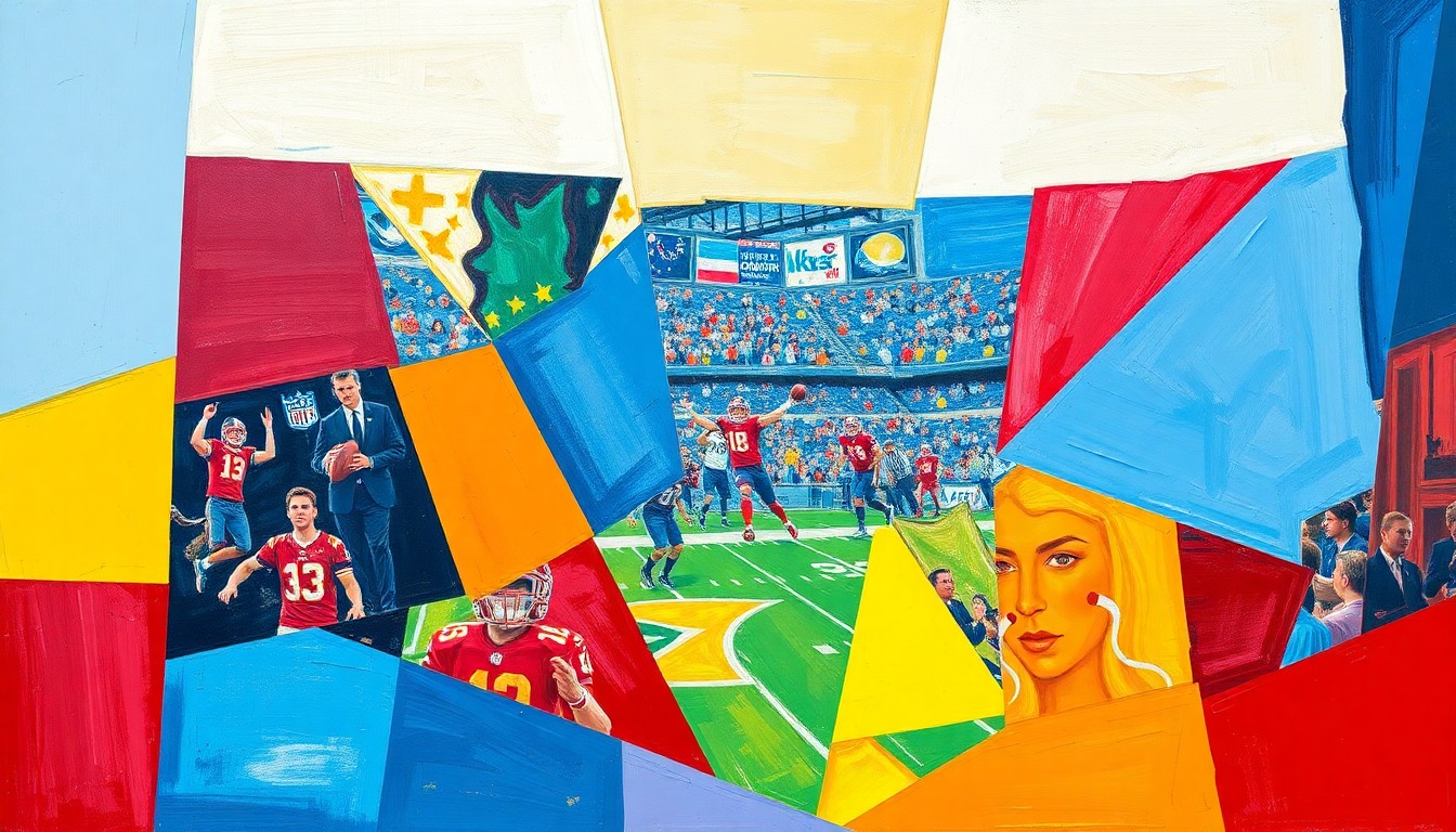 A cubist, geometric painting in vibrant colors depicting fragmented scenes of a football game or NFL draft, conveying the strategic planning and high stakes involved in the Chiefs' first-round selections.