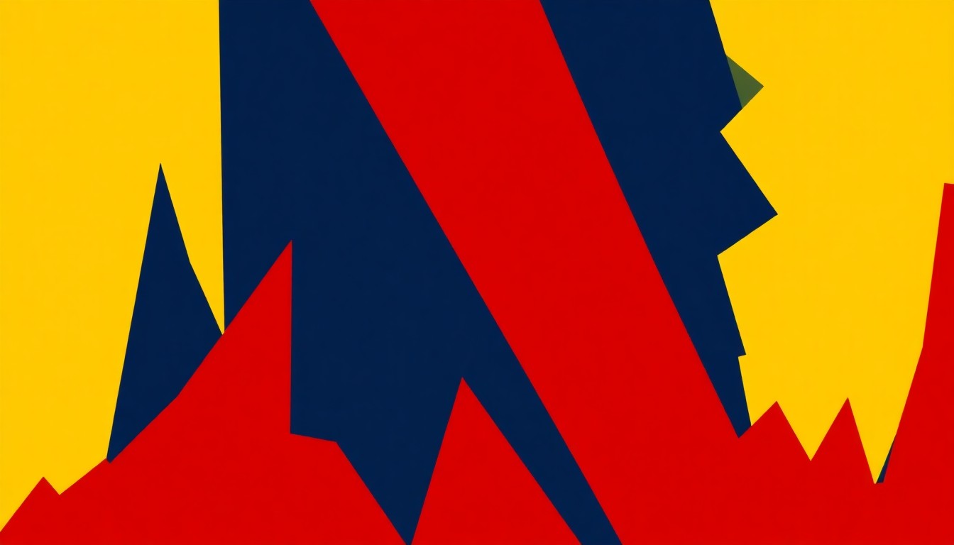 An abstract illustration featuring bold, geometric shapes in navy, yellow, and red, conceptually representing the success of a country music artist.