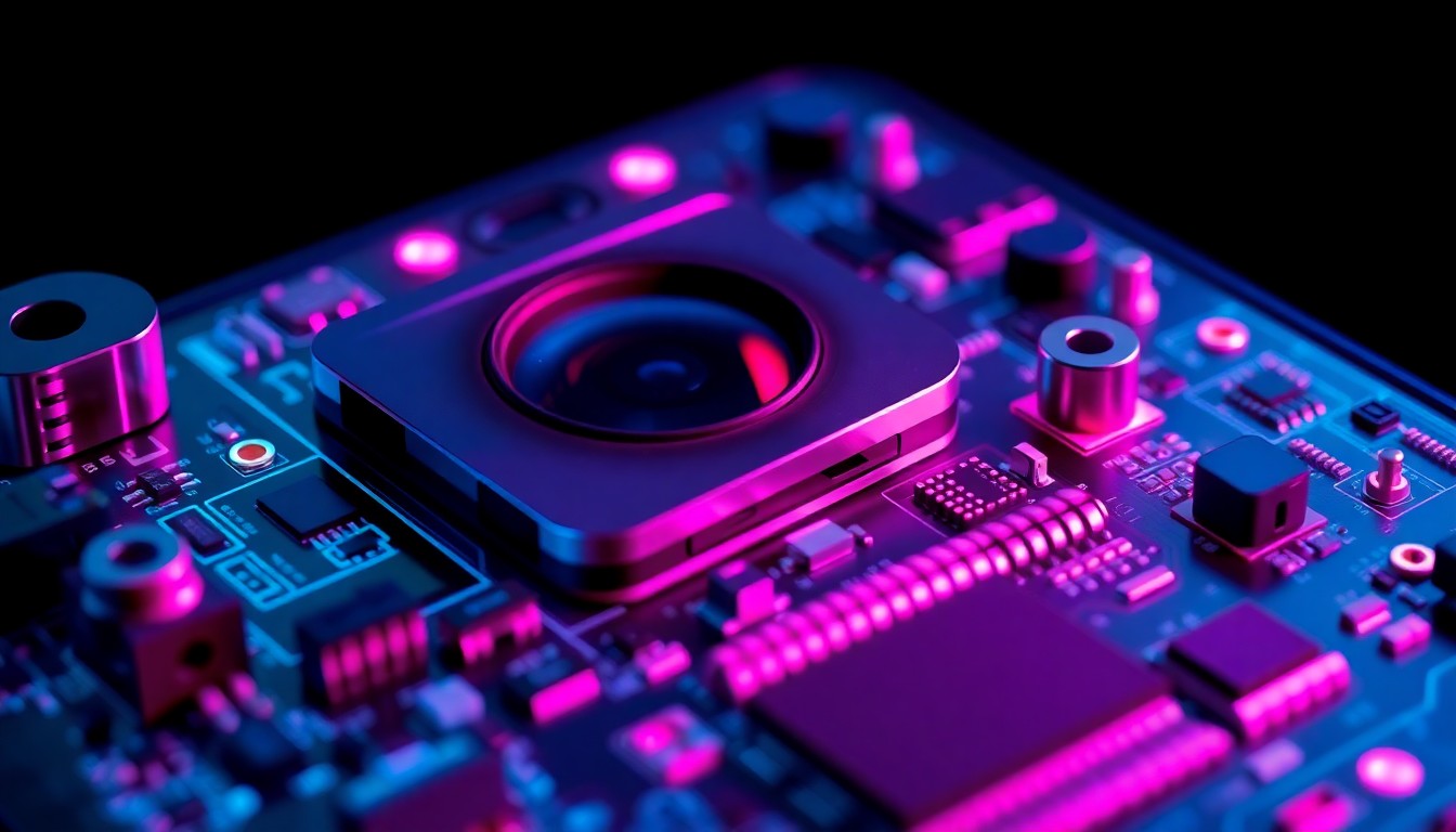 A highly detailed, glowing 3D macro illustration of a smartphone camera module and circuit board, with neon cyan and magenta lights illuminating the intricate hardware components, conceptually representing the technological barriers to independent device repair.