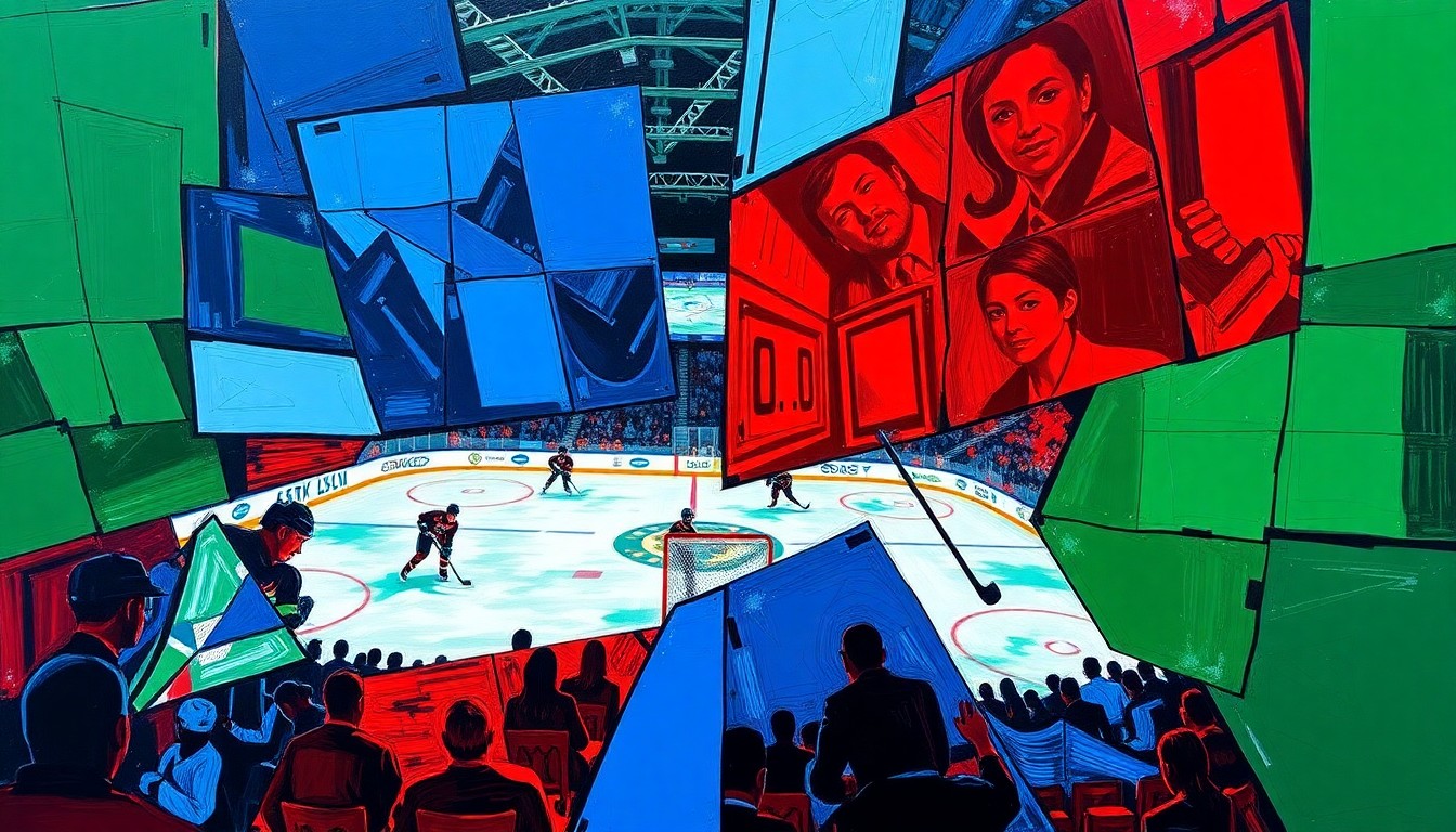 A fragmented, geometric painting depicting a hockey game between the Dallas Stars and Buffalo Sabres, with sharp planes of color and overlapping perspectives representing the intensity of the competition.