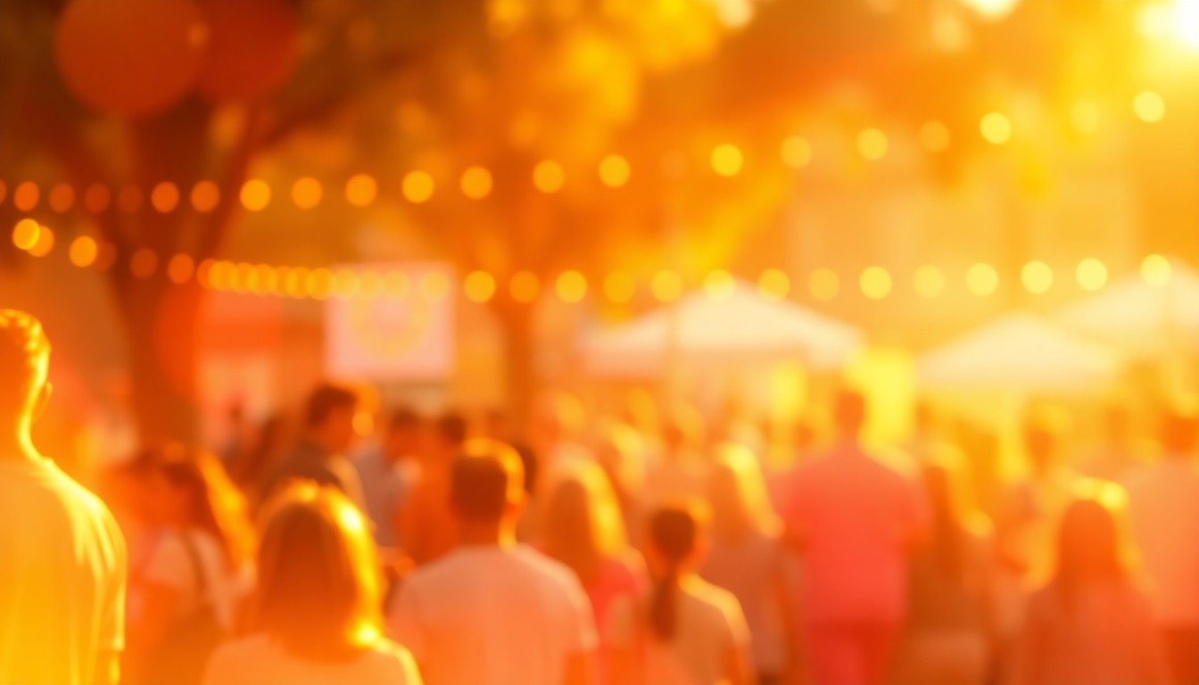 An abstract, impressionistic scene of blurred, overlapping shapes in warm, vibrant colors, evoking the festive energy and community spirit of an outdoor Earth Day event.