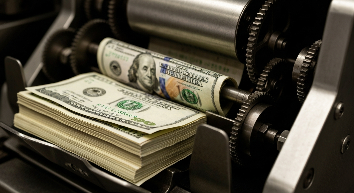 An extreme close-up of an industrial currency counter machine, with stacks of U.S. dollar bills being processed, representing the increased tax refunds being issued by the IRS.