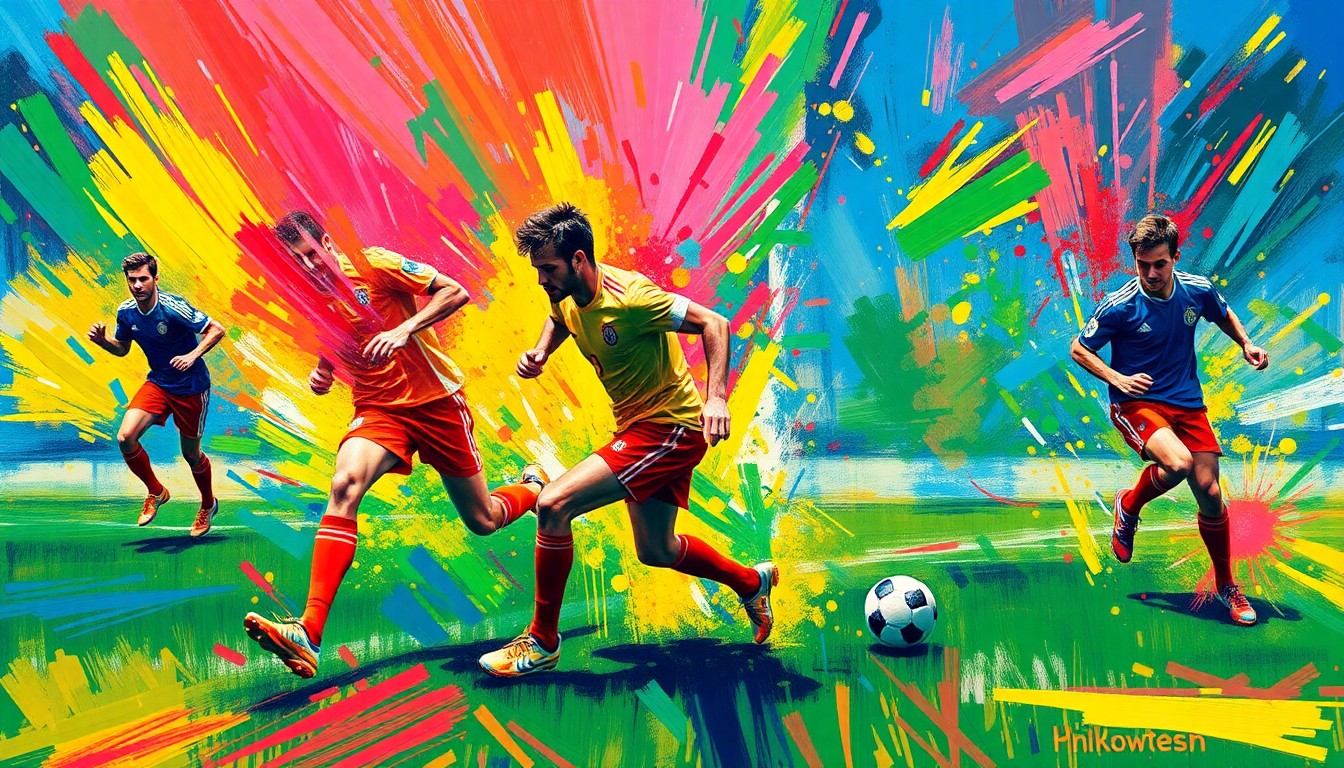 A dynamic, abstract painting in neon colors depicting the fluid motion and intensity of soccer players on a field, conveying the excitement of the upcoming World Cup.