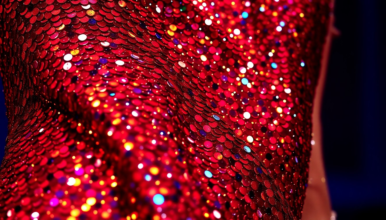 An extreme close-up photograph of a shimmering sequined dress in deep purple, emerald green, and midnight blue, capturing the luxurious, high-fashion glamour of a musical performance.