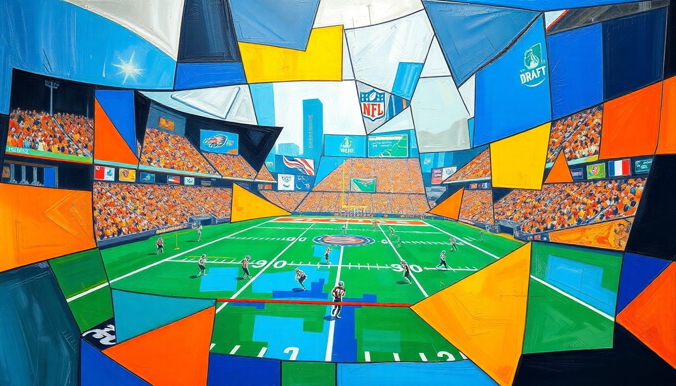 A cubist, geometric painting depicting fragmented football players, draft prospects, and team logos, conveying the complex and high-stakes nature of the Colts' pivotal offseason.