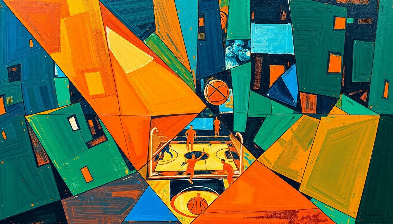 A fractured, multi-perspective painting in the style of Pablo Picasso, breaking a basketball game or match down into sharp, overlapping geometric planes in vibrant colors like deep orange, electric blue, and forest green, conceptually representing the new head coach's vision to elevate the Jackson State Tigers men's basketball program.