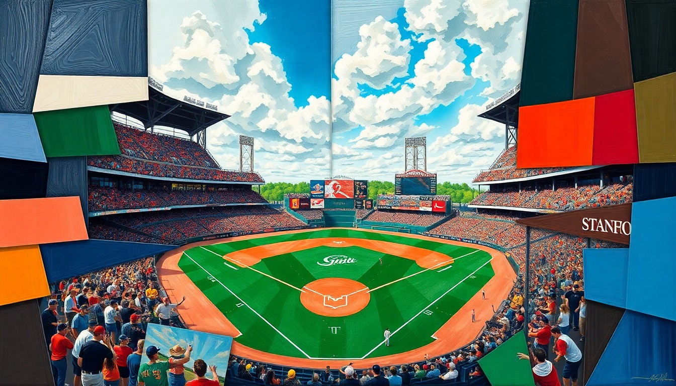 A fragmented, geometric painting depicting the dynamic action of a college baseball game, with players and the field deconstructed into overlapping planes of color and shape.