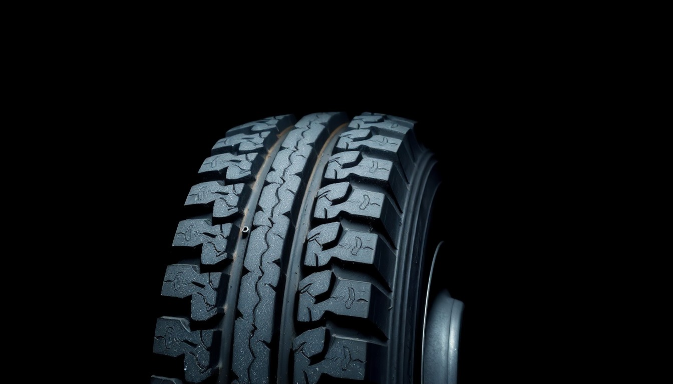 An extreme close-up photograph of a heavily damaged truck tire tread, conceptually illustrating the aftermath of a commercial vehicle accident caused by a fatigued driver.